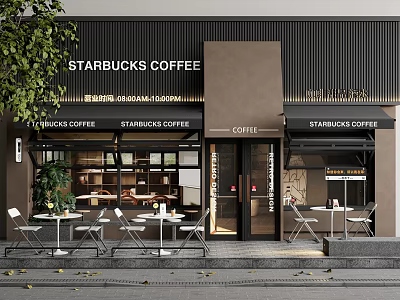 Starbucks Coffee Storefront with Outdoor Seating Glass Doors Signage and Brown Awning 3d model