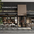 Starbucks Coffee Storefront with Outdoor Seating Glass Doors Signage and Brown Awning