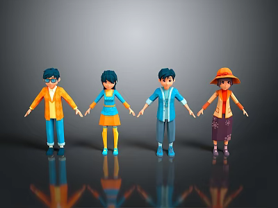 Four Cartoon Characters Standing Together Holding Hands With Gray Background And Ground Reflections 3d model