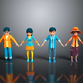 Four Cartoon Characters Standing Together Holding Hands With Gray Background And Ground Reflections