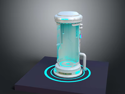 Futuristic Cylindrical Transparent Equipment with Blue Glowing Ring Base on Dark Platform 3d model