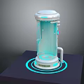 Futuristic Cylindrical Transparent Equipment with Blue Glowing Ring Base on Dark Platform