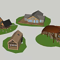 Various Styled Wooden Houses With Different Roof Types And Terrace Structures