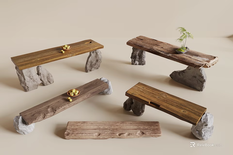 Rustic Wooden Console Tables with Stone Bases and Natural Decor Accents 3d model 