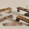 Rustic Wooden Console Tables with Stone Bases and Natural Decor Accents