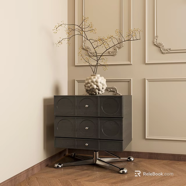 Dark Wooden Bedside Table With Circular Drawers And White Vase On Light Paneled Wall 3d model 