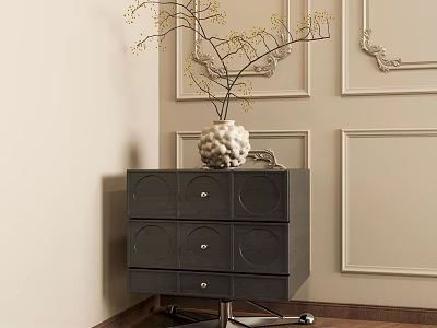 Dark Wooden Bedside Table With Circular Drawers And White Vase On Light Paneled Wall 3d model