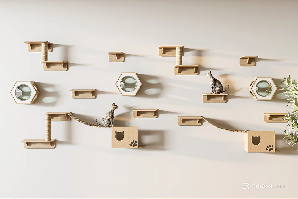 Wooden Cat Wall Shelves With Hanging Perches Hexagonal Windows And Paw Prints 3d model 