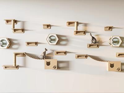 Wooden Cat Wall Shelves With Hanging Perches Hexagonal Windows And Paw Prints 3d model