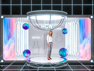 Modern Photo Check-in Spot With Wow Sign Illuminated Design And Colorful Decorative Balls 3d model