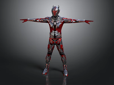 Futuristic Red And Silver Armored Character As Cybernetic Creature With Outstretched Arms 3d model
