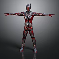 Futuristic Red And Silver Armored Character As Cybernetic Creature With Outstretched Arms