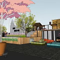 Vibrant Commercial Street Design With White Canopies Pink Cherry Blossom Trees And Wooden Stalls