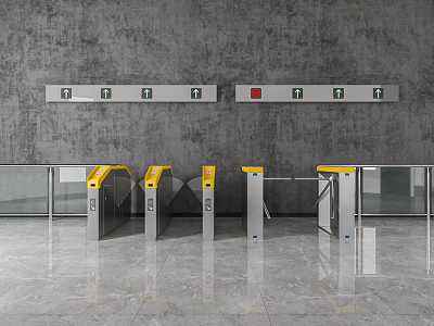 Public Facility Entrance With Yellow Top Turnstiles Gray Wall Green Arrow Devices And Red Button 3d model
