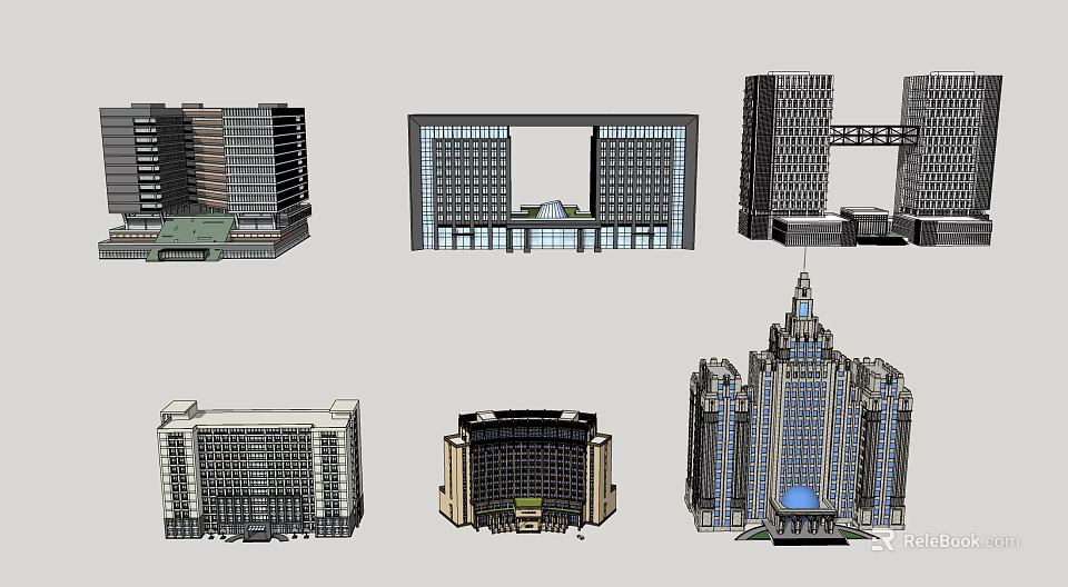 Diverse Office Buildings With Modern And Classical Architectural Designs And Glass Facades 3d model 
