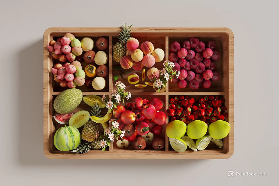 Fresh Assorted Fruits with Strawberries Apples Pineapple and Flowers in Wooden Divided Tray 3d model 