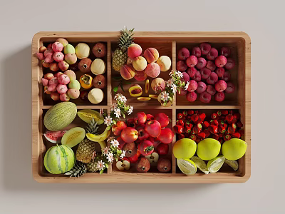 Fresh Assorted Fruits with Strawberries Apples Pineapple and Flowers in Wooden Divided Tray 3d model