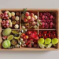 Fresh Assorted Fruits with Strawberries Apples Pineapple and Flowers in Wooden Divided Tray