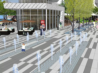 Commercial Landscape Featuring Modern Glass-Walled Building Outdoor Dining Area Fountains And Pedestrians On Checkerboard Pavement 3d model