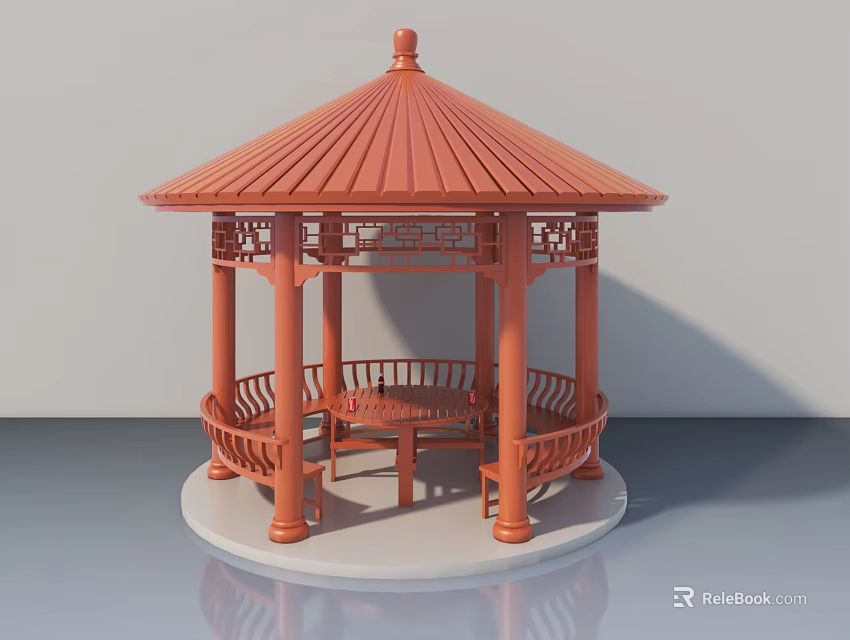 Classic Red Wooden Swing Door With Carved Design For Garden Pavilion Use 3d model 