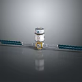 Teal Striped Mechanical Device With Silver Central Part And Yellow Components On Reflective Surface