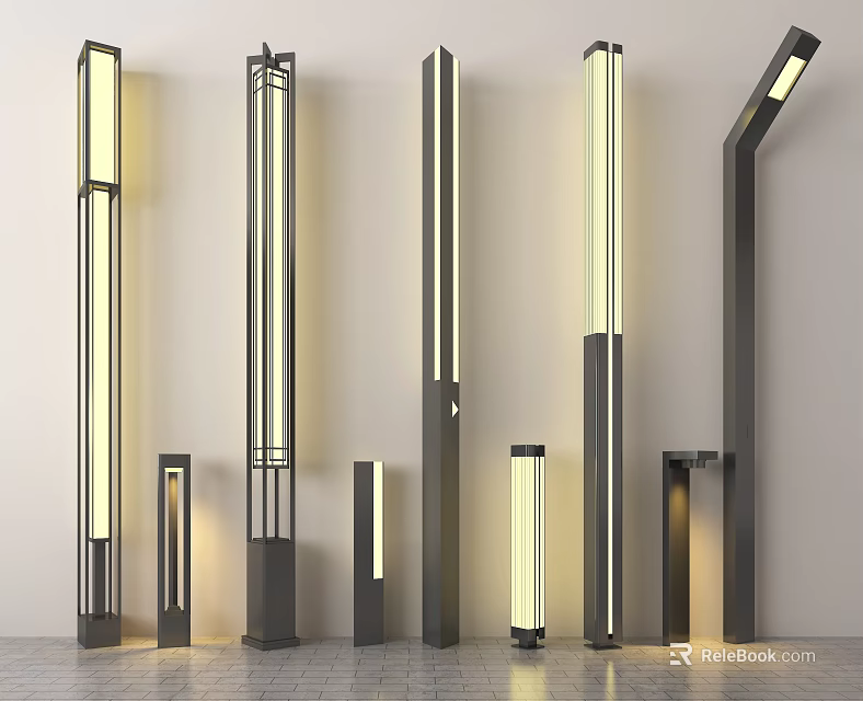 Modern Outdoor Lights Standing In Garden Courtyard With Varied Heights And Designs 3d model 