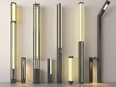 Modern Outdoor Lights Standing In Garden Courtyard With Varied Heights And Designs 3d model