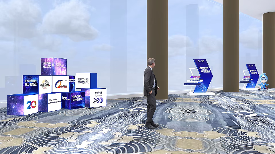 Wayfinding Signage In Exhibition Hall With Display Boards Logos And Carpeted Floor 3d model 