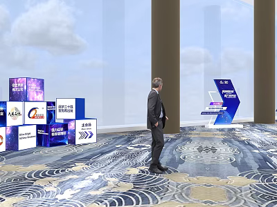 Wayfinding Signage In Exhibition Hall With Display Boards Logos And Carpeted Floor 3d model
