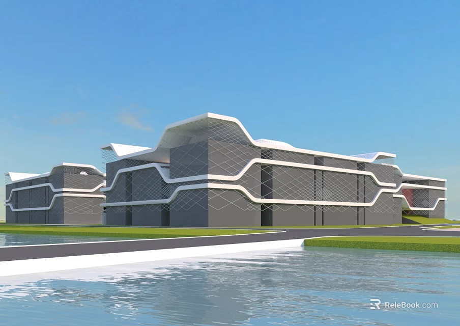 Modern Office Building With Curved Facade Gray White Exterior And Waterfront View 3d model 