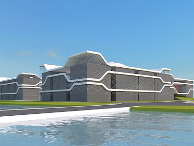 Modern Office Building With Curved Facade Gray White Exterior And Waterfront View 3d model