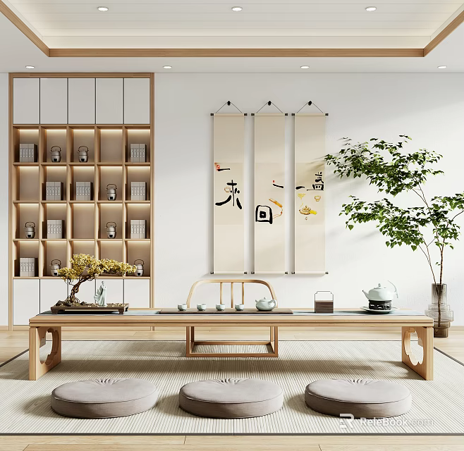 Chinese Style Wooden Tea Table And Chairs With Decorative Scrolls And Green Plants 3d model 