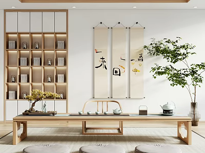Chinese Style Wooden Tea Table And Chairs With Decorative Scrolls And Green Plants 3d model