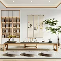 Chinese Style Wooden Tea Table And Chairs With Decorative Scrolls And Green Plants