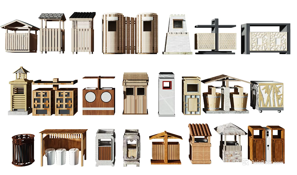 Public Facilities Outdoor Trash Bins With Various Designs And Materials 3d model 