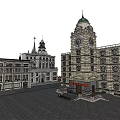European Style Commercial Street With Red Brick Buildings Spires Crosses And Landscaped Plaza