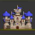 Colorful Medieval Castle Model With Blue Domes And Flags On Green Base