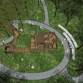 Serene Garden Landscape With Winding Paths Wooden Structures And Green Grass