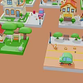 Miniature Cartoon Style Small Houses with Various Colored Roofs Green Trees Cars and Benches