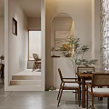 Minimalist Dining Room With Wooden Furniture Pendant Lights And Plants