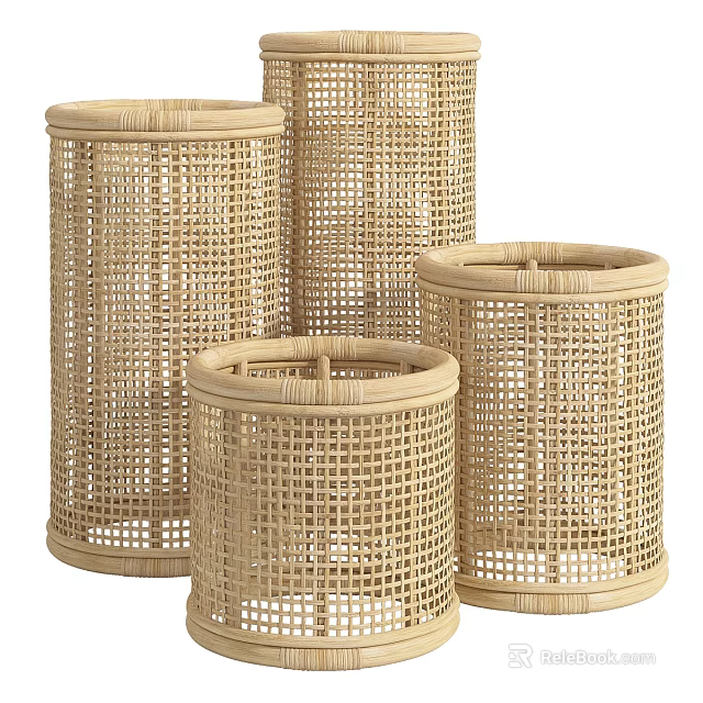 Woven Storage Baskets Natural Rattan Cylindrical Design Set of Four Different Sizes for Home Organizing 3d model 