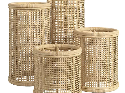 Woven Storage Baskets Natural Rattan Cylindrical Design Set of Four Different Sizes for Home Organizing 3d model