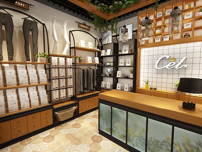 Cel Specialty Store Interior With Clothing Displays Wooden Shelves Green Plants And Pendant Lights 3d model