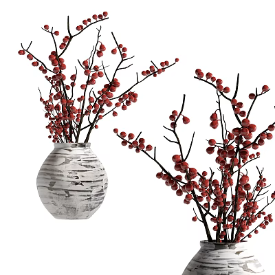 Decorative Ornament Arrangement With Textured White Vase And Red Berry Branches 3d model