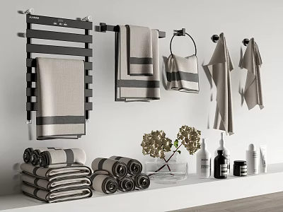 Gray Towels Hanging On Towel Rack And Folded On Bathroom Shelf With Decorative Items 3d model