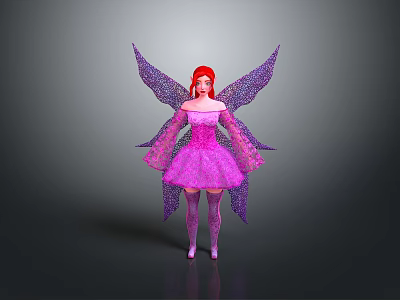 Magical Red Haired Fairy In Pink Dress With Purple Glitter Wings 3d model