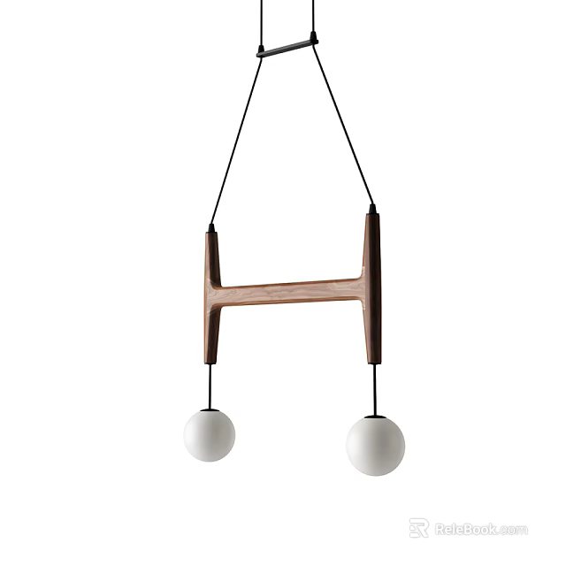 Modern Wooden H Shaped Pendant Light With Two White Spherical Bulbs 3d model 