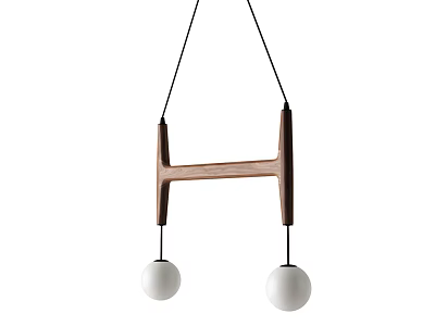 Modern Wooden H Shaped Pendant Light With Two White Spherical Bulbs 3d model