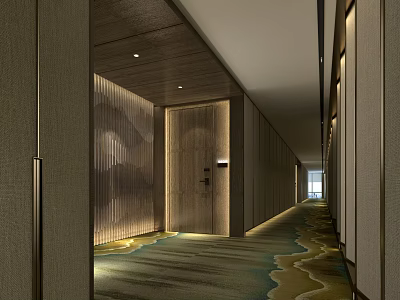 Modern Hotel Corridor With Wooden Paneling Warm Lighting And Decorative Carpet 3d model
