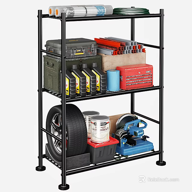 Black Metal Storage Shelf with Toolbox Oil Bottles Tire and Tools 3d model 